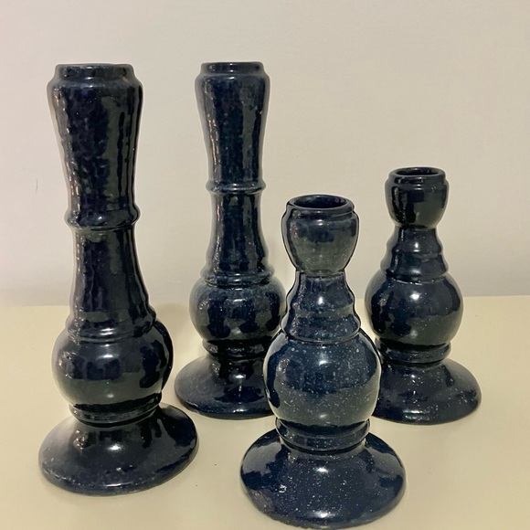 Pottery Barn Emery Taper Candle Holders Indigo Set Of 4 Ceramic Blue Home Decor - Picture 1 of 8